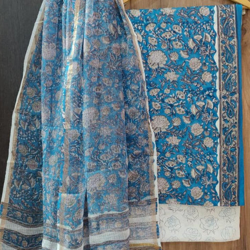 Designer Hand Block Print Cotton Suit Set with Kota Doria Dupatta (3CKD67)